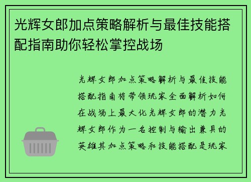 光辉女郎加点策略解析与最佳技能搭配指南助你轻松掌控战场