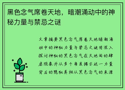 黑色念气席卷天地，暗潮涌动中的神秘力量与禁忌之谜